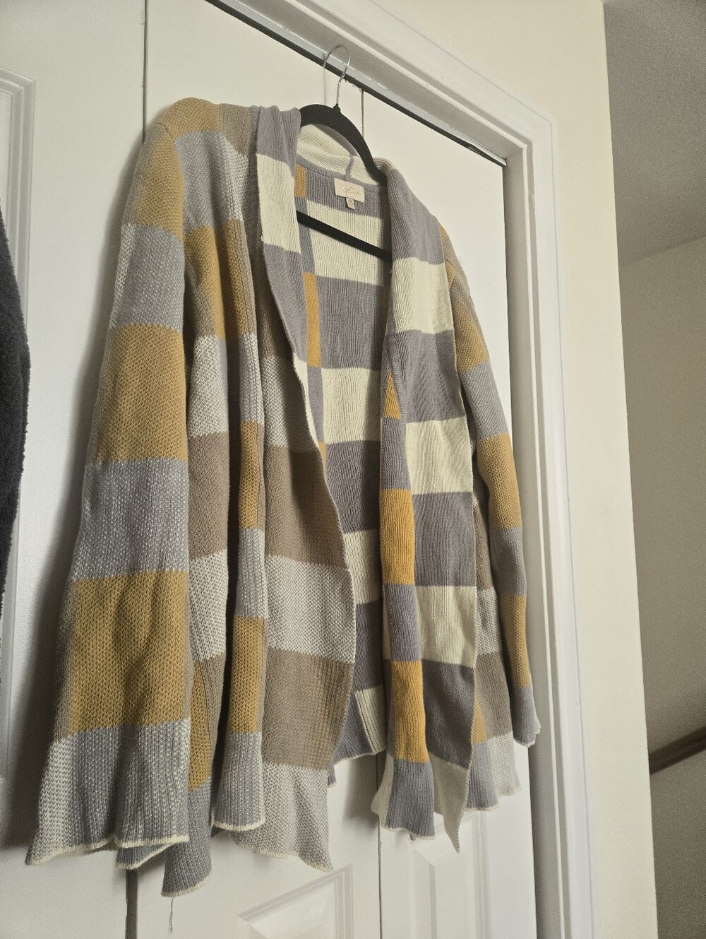 Modcloth Cozy Block-Stripe Open-Front Cardigan Sweater Mustard, Gray & Cream 3X